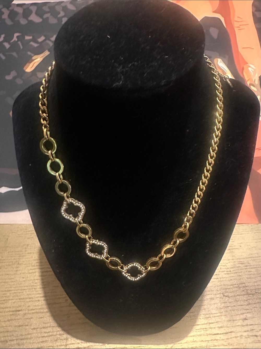 LSJ Gold Link Necklace with CZ Clover Accents - 2in Ext